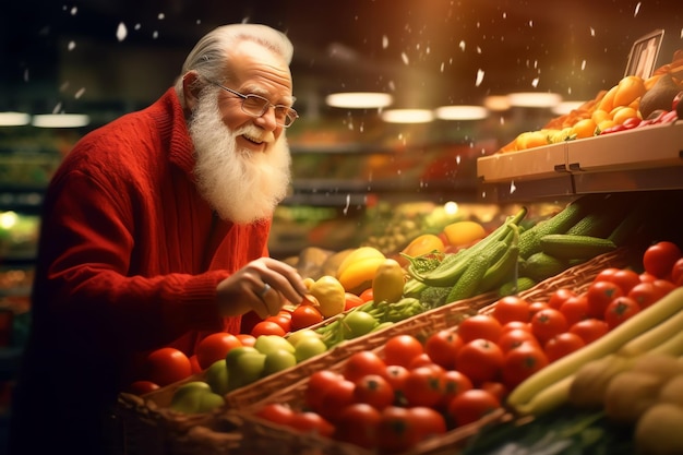 Een man in een rood jasje doet boodschappen in een kruidenierswinkel met een bos groenten.