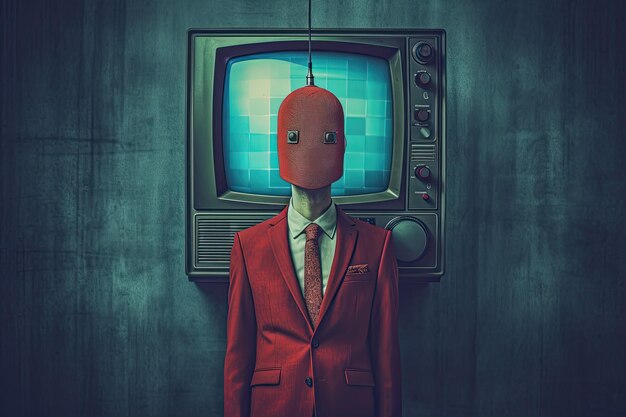 Foto een man in een rood jasje met een televisiehoofd in de stijl van generative ai uit de jaren 70