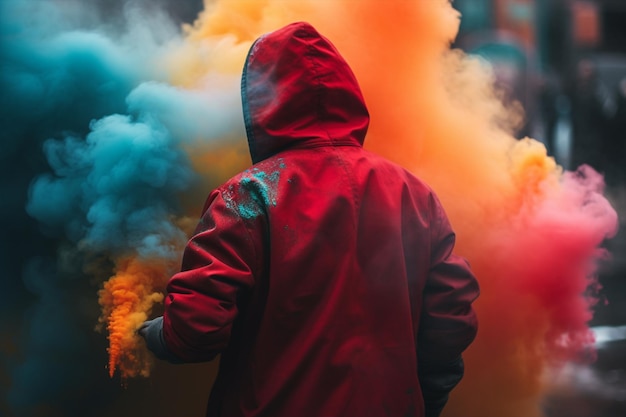 Een man in een rood jasje staat in een rookwolk