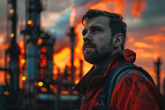 Een man in een rood jasje staat voor een grote industriële fabriek en kijkt naar de camera.