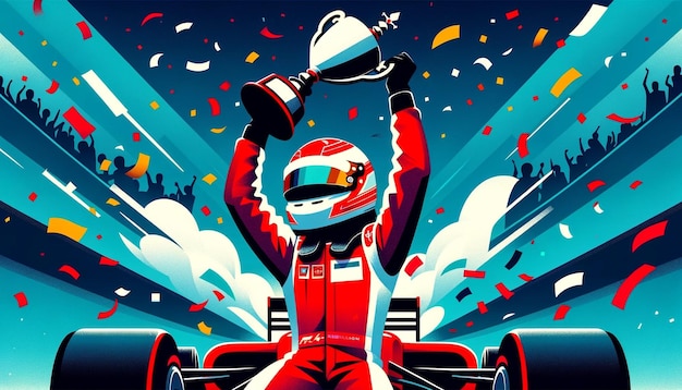 een man in een rood race pak met een trofee