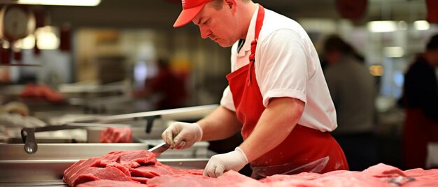 Foto een man in een rood schort snijdt vlees op een snijplank