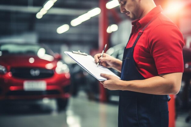 Foto een man in een rood shirt schrijft op een papier in een garage