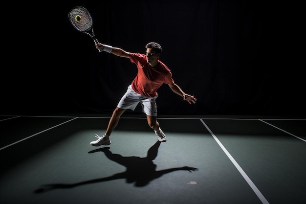 een man in een rood shirt speelt tennis op een groene baan.