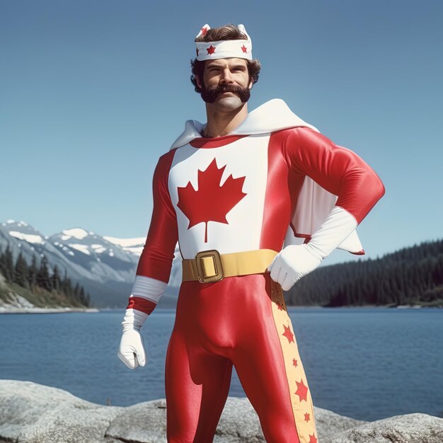Een man in een rood-wit kostuum met Canada erop.