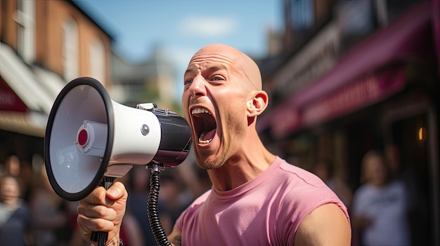 Een man in een roze T-shirt schreeuwt voor een menigte demonstranten