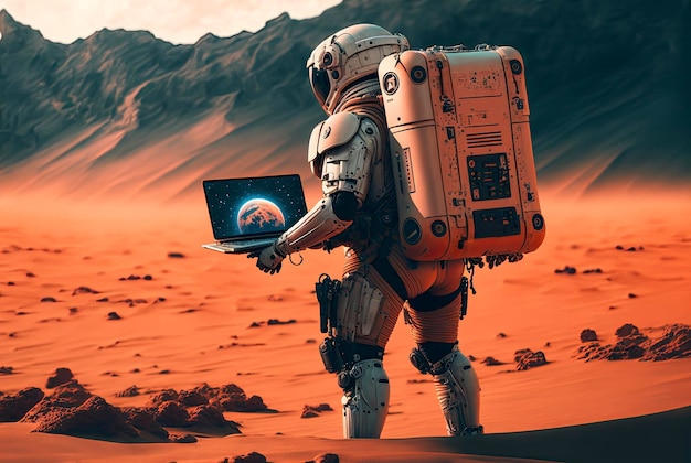 Een man in een ruimtepak houdt een laptop voor een planeet.