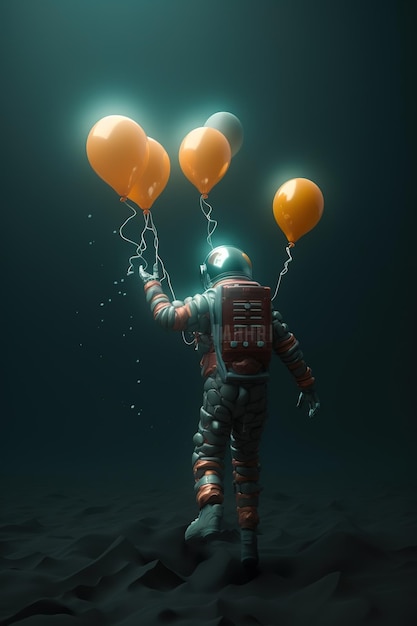 Een man in een ruimtepak houdt een stel oranje ballonnen vast