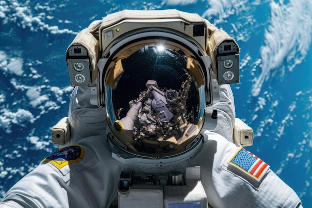 Foto een man in een ruimtepak legt een zelfportret vast in de uitgestrektheid van de ruimte een gedetailleerd beeld van de helm van een astronaut terwijl hij in de ruimte staat ai gegenereerd