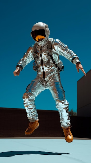 een man in een ruimtepak met een oranje helm op.