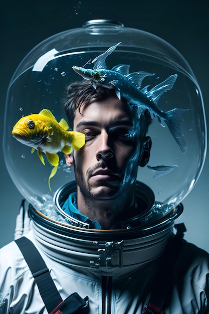 Een man in een ruimtepak met een vis in zijn hoofd