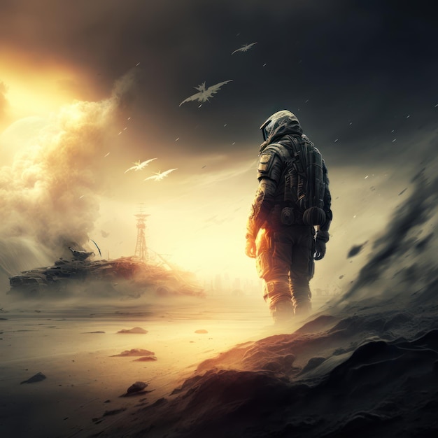 Een man in een ruimtepak staat in een woestijn met op de achtergrond een nucleair bouwwerk.