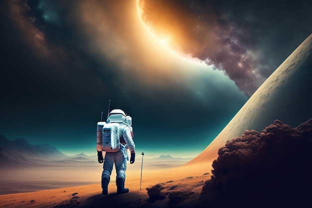 Een man in een ruimtepak staat voor een planeet met een berg op de achtergrond.