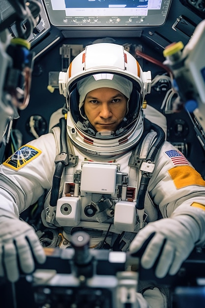 Een man in een ruimtepak zittend in een ruimtestation Generatief AI-beeld