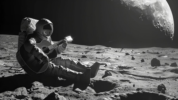 Foto een man in een ruimtetuig speelt gitaar op de maan.