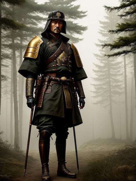 Een man in een samurai-outfit staat in een bos.