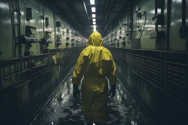 Foto een man in een schadelijk pak loopt in een verlaten kernreactor.