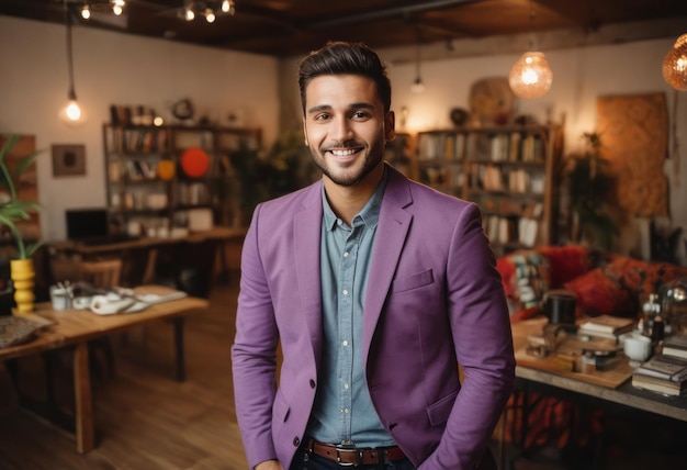 Een man in een scherpe paarse blazer poseert in een café met eclectische inrichting hij projiceert zelfvertrouwen en stijl