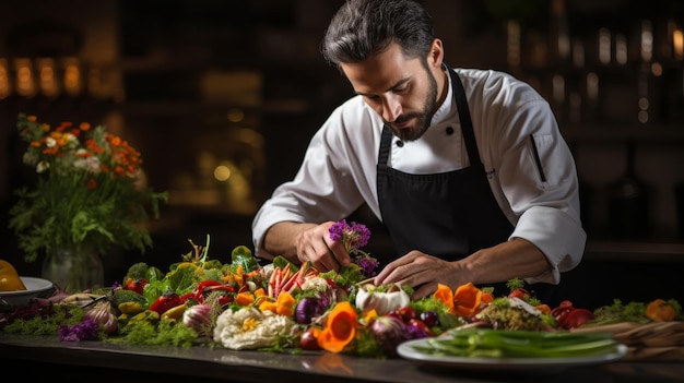 Een man in een schort bereidt vaardig eten op een tafel voor