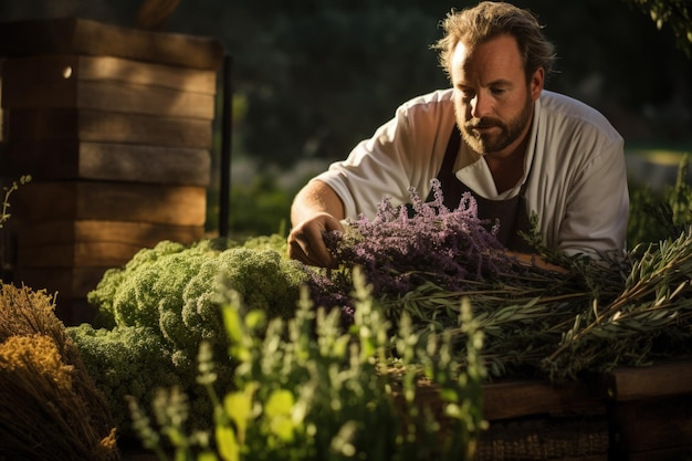 Een man in een schort die een bos planten verzorgt