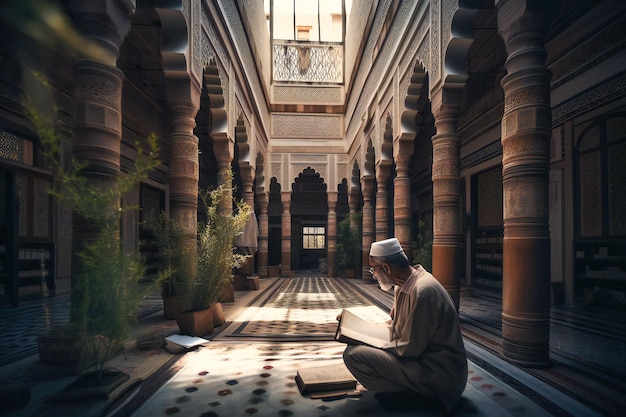 Een man in een smetteloos witte kandur staat op de binnenplaats van de moskee plechtig de koran te lezen als onderdeel van zijn religieuze naleving