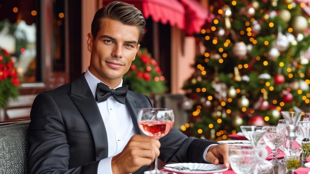 Een man in een smoking die zijn glas wijn omhoog houdt.