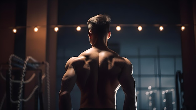 Een man in een sportschool met een halter in zijn rug