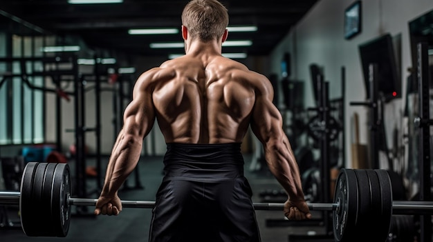 Een man in een sportschool met een halter op zijn schouders