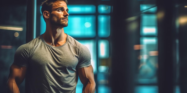 Een man in een sportschool met een shirt waarop staat 'ik ben een man'