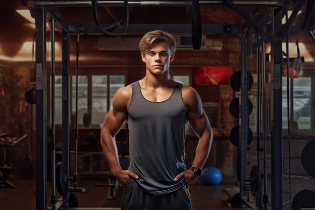 Een man in een sportschool met een tanktop en een tanktop staat voor een muur met de tekst 'gym'