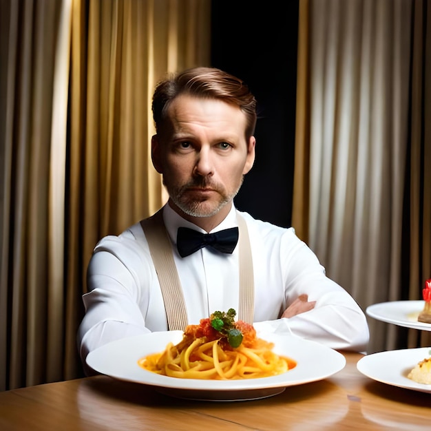 Een man in een strikje zit aan een tafel met eten en specerijen erop.