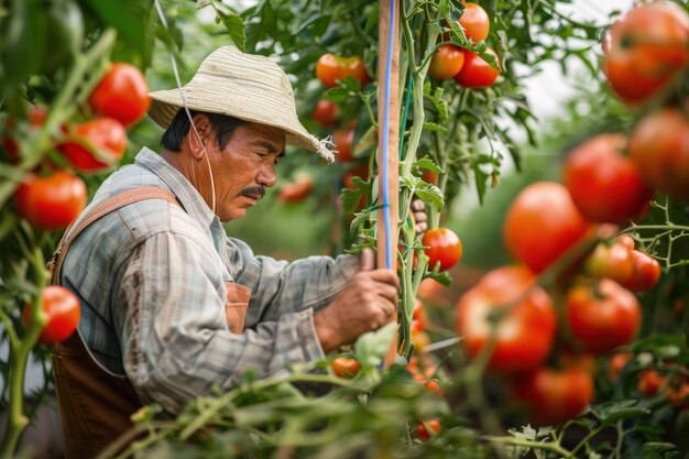 Een man in een strohoed die tomaten van een boom plukt