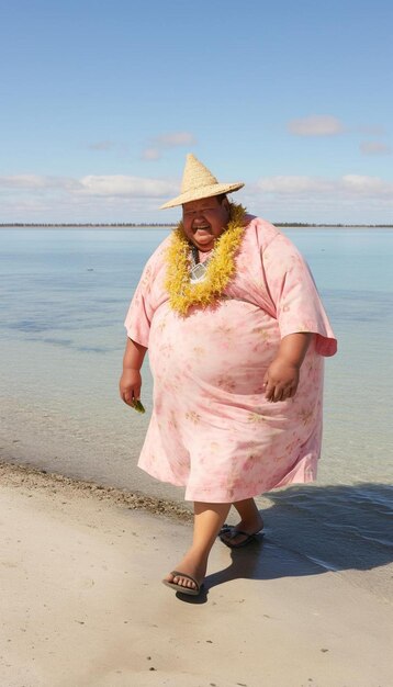 een man in een strohoed loopt op het strand