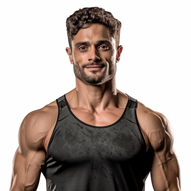 Een man in een tanktop met het woord gym erop