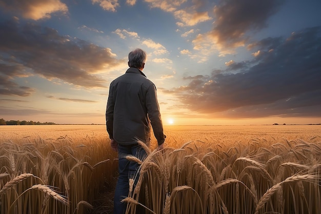 Een man in een tarweveld kijkt naar de zonsondergang