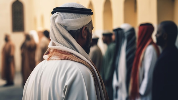 Een man in een traditionele Arabische jurk staat voor een gebouw.