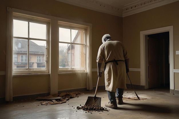 Foto een man in een trenchcoat veegt de vloer