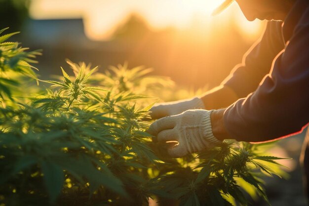 een man in een tuin werkt aan een plant.