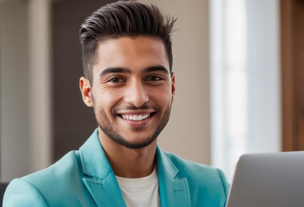 Een man in een turquoise blazer glimlacht terwijl hij aan zijn laptop werkt in een kantoor