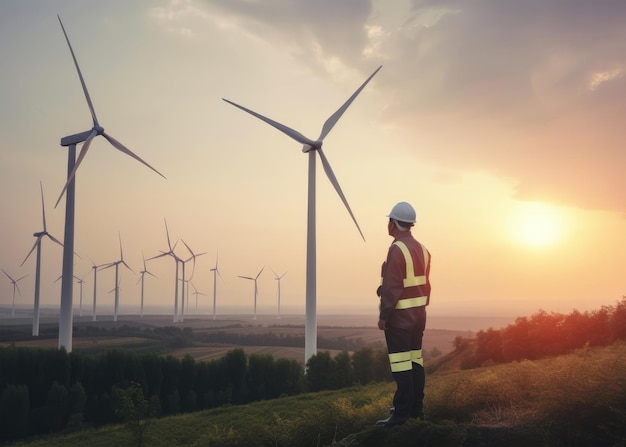 Een man in een veiligheidsvest staat op een heuvel en kijkt naar windturbines bij zonsondergang.