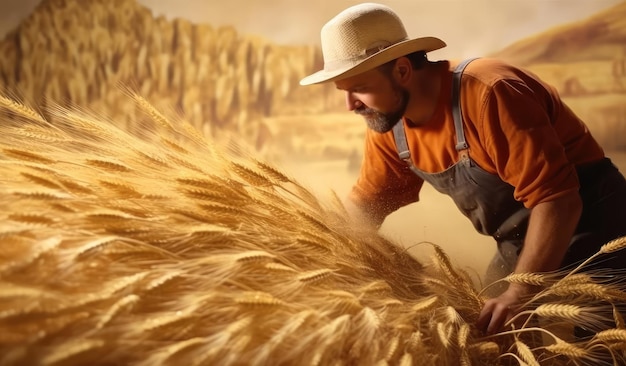 Een man in een veld en een grote stapel graan