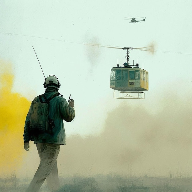 Een man in een veld met een helikopter boven hem.