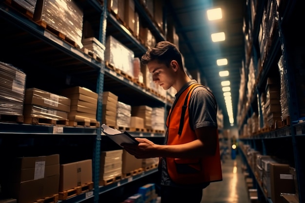 Een man in een vest lacht in een magazijn Gelukkige medewerkers Hoge planken van het magazijn AI Genera