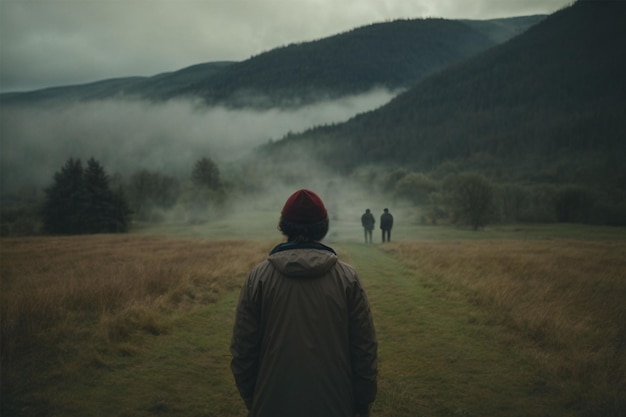 Foto een man in een warme jas en een rode hoed staat midden in een weiland met mist