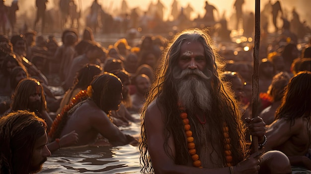 een man in een watermassa met een grote watermassa met een grote groep mensen op de achtergrond.