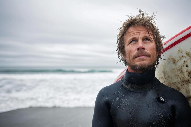 Foto een man in een wet suit die een surfboard vasthoudt