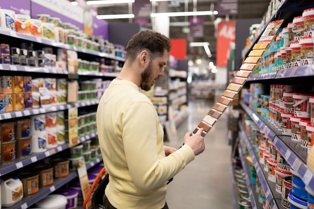 Een man in een winkel bekijkt een palet met verf voor interieurdecoratie