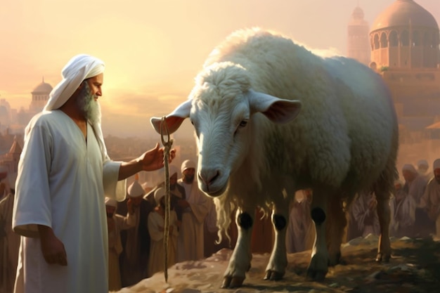 Een man in een wit gewaad staat naast een schaap.