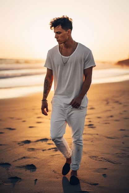 Een man in een wit overhemd loopt over het strand