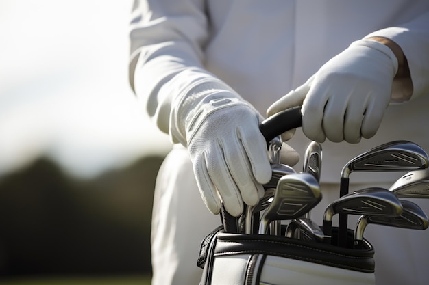 een man in een wit overhemd met golfclubs bij zonsondergang op de achtergrondvervaging en bokeh